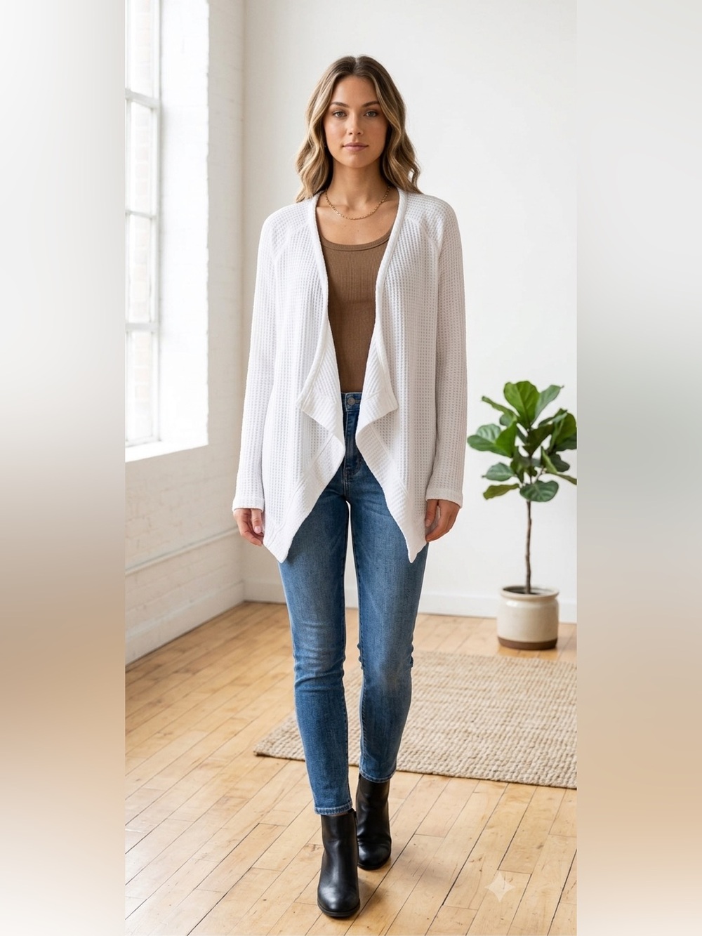 Mod-o-doc White Open-Front Waffle Knit Cardigan, size Small